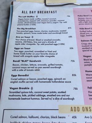 Breakfast menu at The Loft in Canggu