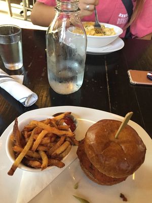 Sweet potato quinoa burger with fries at Merchants Pub and Plate in Lawrence