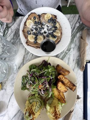 eggs bennedict and almond banana french toast  at Hello 123 in Toronto