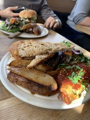 Big breakfast and kimchi burger  at Hello 123 in Toronto