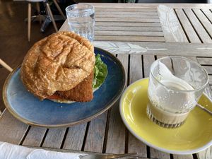 Tropical chick’un burger with Prana chai  at Nature Cafe/Bar in Frankston