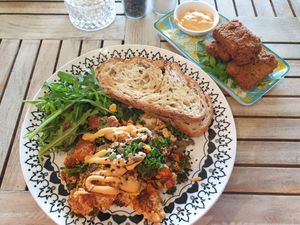 Tandoori tofu scramble, and CFC (crispy battered chikn) at Nature Cafe/Bar in Frankston