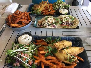 Fish & Chips, Fish Tacos and Sweet Potato Fries  at Nature Cafe/Bar in Frankston