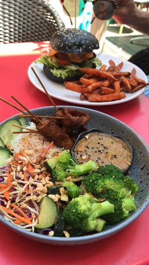 Satay ‘chicken’ and ‘chicken’ burger at Nature Cafe/Bar in Frankston