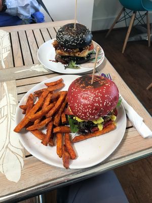 Breakfast and lentil burgers. Yum!! at Nature Cafe/Bar in Frankston