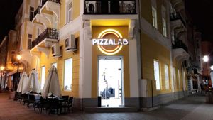 Entrance just off the main Street through the middle of the old town at Pizza Lab in Plovdiv