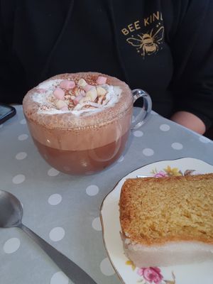 Delicious Hot Chocolate and tasty Lemon Drizzle cake .  Bright airy cafe with friendly service . at The Happy Teapot in Worthing