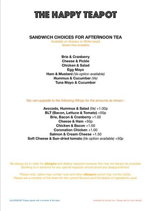 2023 Menu - Sandwich Choices for Afternoon Tea at The Happy Teapot in Worthing