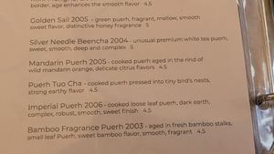List of Puerh tea at Boulder Dushanbe Teahouse in Boulder