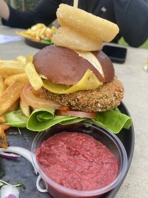 Burger with beetroot hummus (hummus was bland)  at The Barn in Scorton