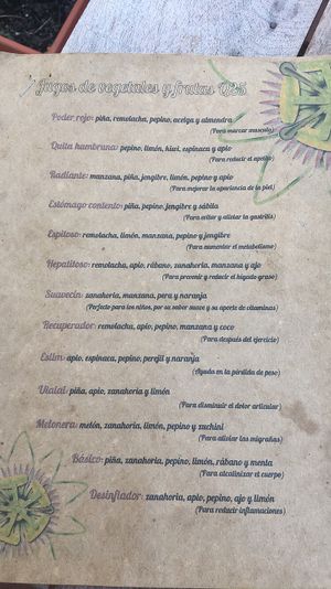 Some of the juice menu  at Maracuya in Flores