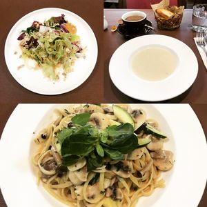 Truffle mushroom linguine, cauliflower soup and salad.  Lunch menu at Mirror and Vegan Concept in Hong Kong Island