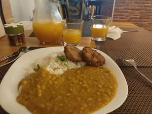 One of the lunch dishes made of lentils and vegetable burgers. Mango homemade lemonade. at VEG in Poprad