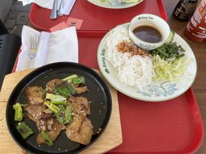 Vegan duck with rice noodles & sauce  at Bang Tofu in Bratislava