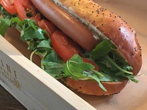 Super Hot Dog. Vegan soya sausage, vegan homemade mayo, vegetables, homemade baguette. at Frito in Martin