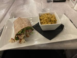 Vegan chicken wrap and lemon orzo  at Orapax in Norfolk