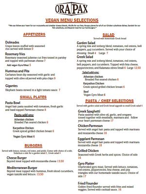 New Orapax vegan menu front at Orapax in Norfolk