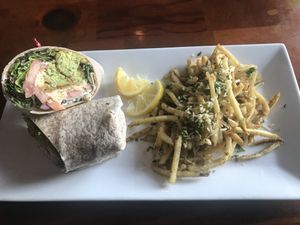 Falafel wrap with rosemary fries  at Orapax in Norfolk