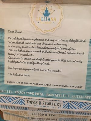 front page of their menu at Lalitana Restaurant in Lagos