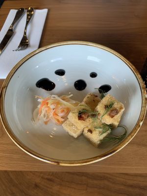 Tofu appetizer with vegan XO sauce and pickled veg.  at The Five Fishermen in Halifax