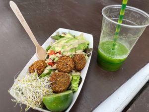 Amazing freshly prepared healthy vegan food! Air fried falafel and organic salad. Highly recommend  at Fruibies in Kuranda