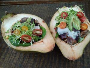 Scrumptous Salad inside a Fresh Coconut at Fruibies in Kuranda