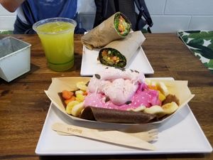 Mexican burrito, sweet crepes, and sugarcane juice at Fruibies in Kuranda