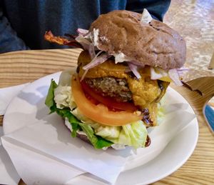 Cheeseburger w/ eggplant "bacon" and a black bean patty (special) at yummyyomil in Seoul