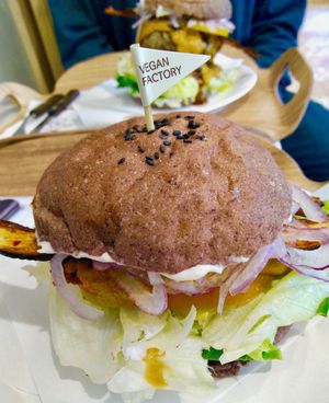 Cheeseburger w/ eggplant "bacon" and a soy patty at yummyyomil in Seoul