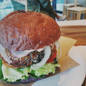 Vegan burger with homemade patty at yummyyomil in Seoul