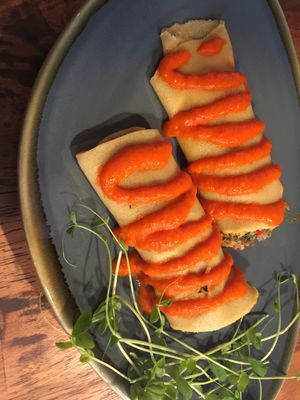 Eastern Crepe with roasted red pepper sauce at Kind Crepes in Mendon