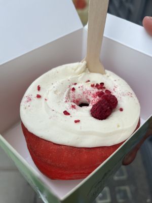 Red velvet doughnut #Veganuary at Rodeo Doughnuts - Shaftesbury Ave in London
