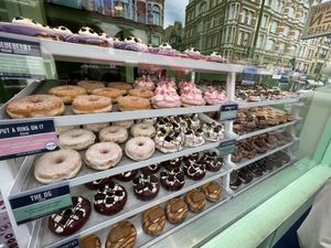 All the doughnuts on the left were vegan!  at Rodeo Doughnuts - Shaftesbury Ave in London