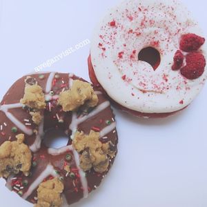The 'Jolly AF' and the 'Sia Later' vegan doughnuts. at Rodeo Doughnuts - Shaftesbury Ave in London