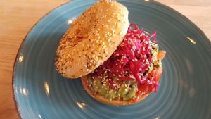 Avocado bagel sandwich at Pirate's Bone Burgers - Crossroads in Kansas City