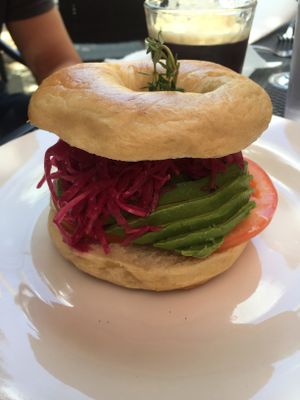 Avocado sandwich on plain bagel at Pirate's Bone Burgers - Crossroads in Kansas City
