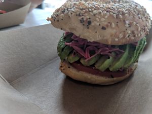 Avocado bagel at Pirate's Bone Burgers - Crossroads in Kansas City