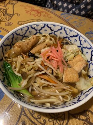 Okinawan Soba - with "meat" so realistic we had to check it really was vegan! at LaLa Zorba ララ・ゾルバ in Naha