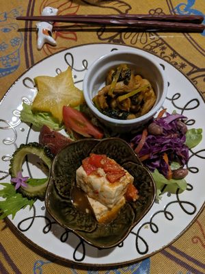 The starter plate of the Dumpling set, the tofu was SO GOOD, it had a really strong smokey flavour with the sauce. ✨ at LaLa Zorba ララ・ゾルバ in Naha