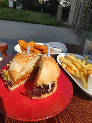 Delicious cheese burger, fries and nuggets at LN Fortunate Coffee in Shanghai