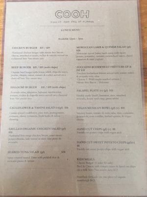 Menu in Jan ‘19 at COOH Cafe in North Curl Curl