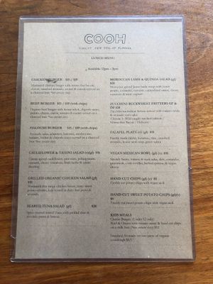 Menu at COOH Cafe in North Curl Curl