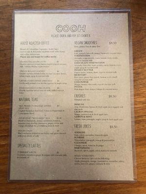 Menu at COOH Cafe in North Curl Curl
