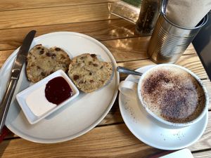 Oat cappuccino with scone   at The Cutting Vedge in Kilkenny