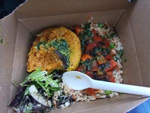 Bean and veg Goulash with a house burger and ginger relish. at The Cutting Vedge in Kilkenny