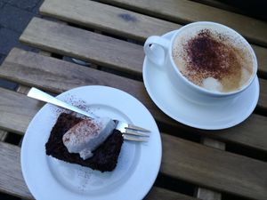 Cappuccino with chocolate brownies at The Cutting Vedge in Kilkenny