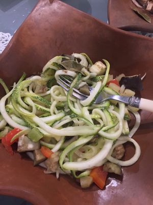 Raw spaghetti with sautéed veggies in coconut oil  at El Patio Rojo in Trujillo