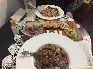 Sauteed quinoa and veggies, vegan ceviche, guacamole, oat bread and cheese at El Patio Rojo in Trujillo
