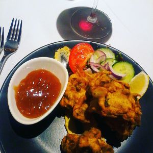 My vegan starter, veg pakoras with humous and mango chutney at Crimble Hall in Rochdale