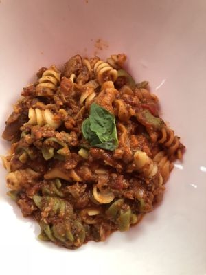 Tori color Rotini with tempeh mushroom bolognese  at Red Zebra in Sleepy Hollow